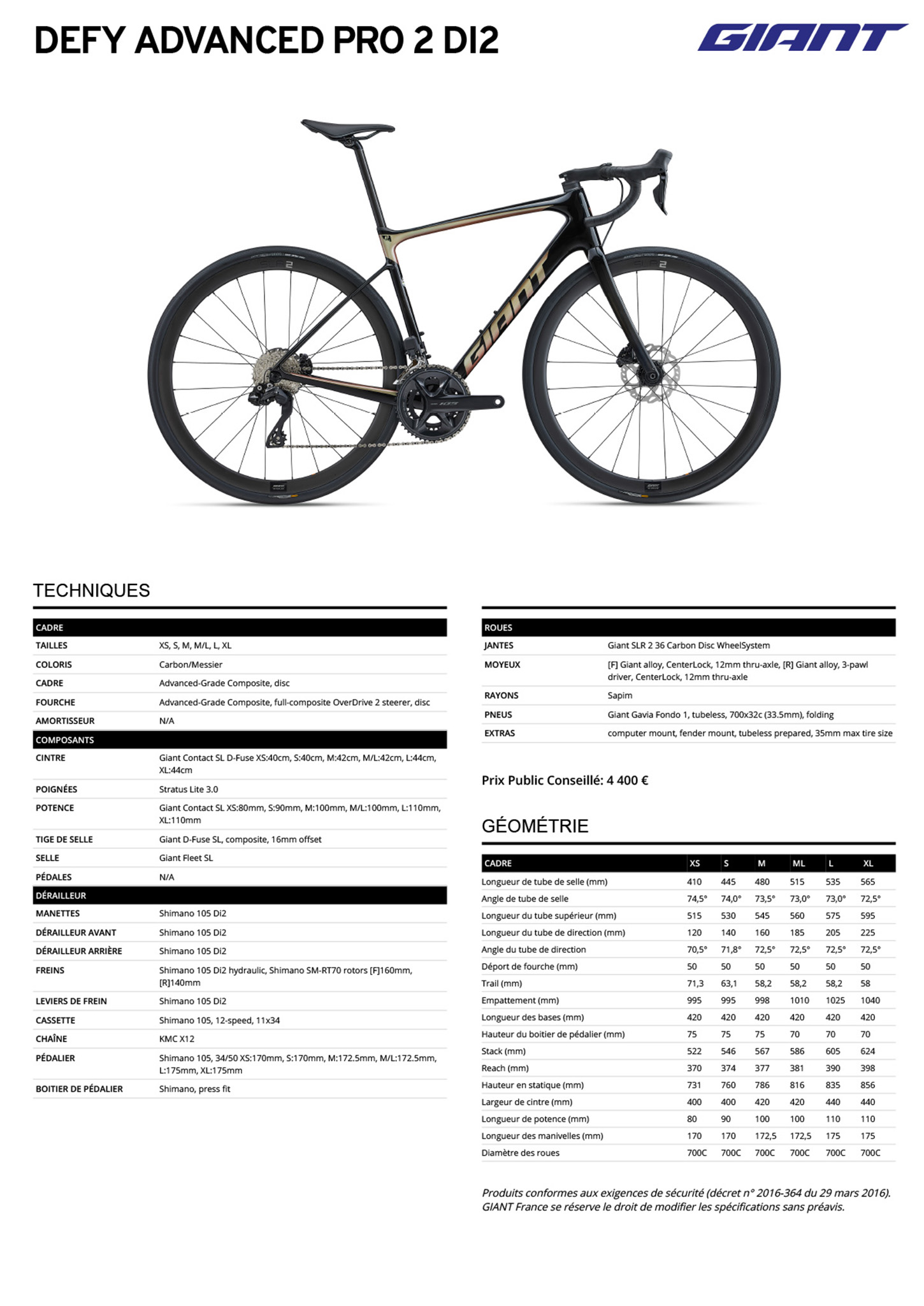 Fiche technique du velo Defy Advanced Pro 2 DI2 année 2023